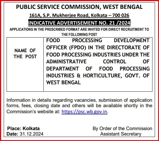 WBPSC Food Processing Development Officer (FPDO) Notification